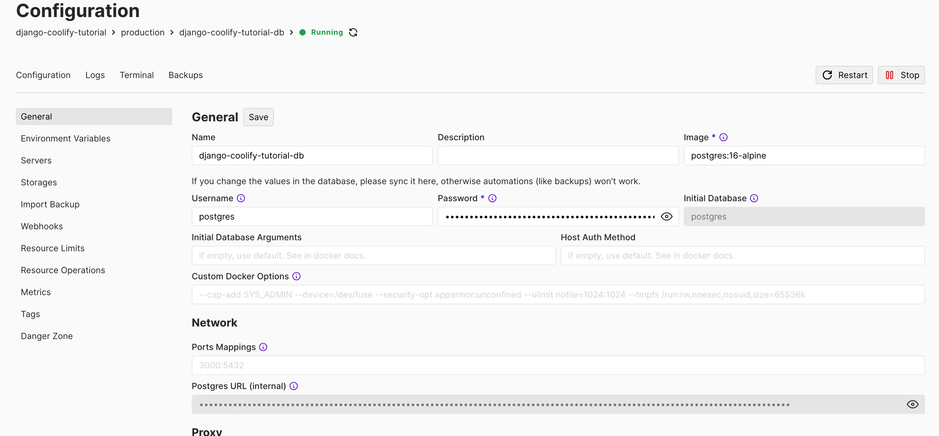 Coolify database setup